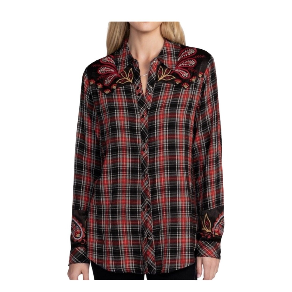 Johnny Was SM Western Plaid Embroidered‎ Shirt Red Black Button Down Long Sleeve